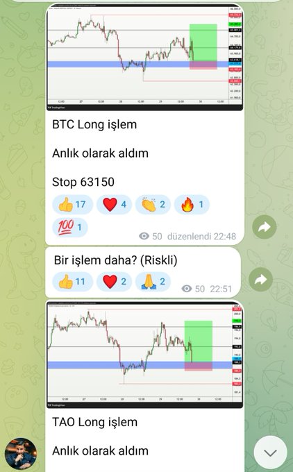 A Telegram post showing two crypto trading signals—"BTC Long işlem" with a stop at 63150 and "TAO Long işlem"—both marked as taken instantly, accompanies the cheerful morning message claiming profits were made overnight.