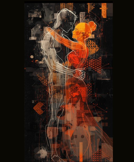 A stylized abstract digital illustration shows two figures embracing, one rendered as a white wireframe outline and the other as a glowing red and orange form, set against a dark, textured background with geometric patterns.