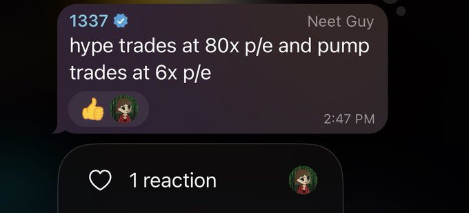 A Discord message from 'Neet Guy' stating 'hype trades at 80x p/e and pump trades at 6x p/e' with a thumbs up and a pepe emoji reaction.