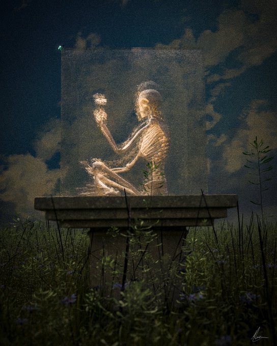 A nighttime scene of a stone pedestal in a field of wildflowers, with a ghostly skeletal figure projected onto a screen above it.