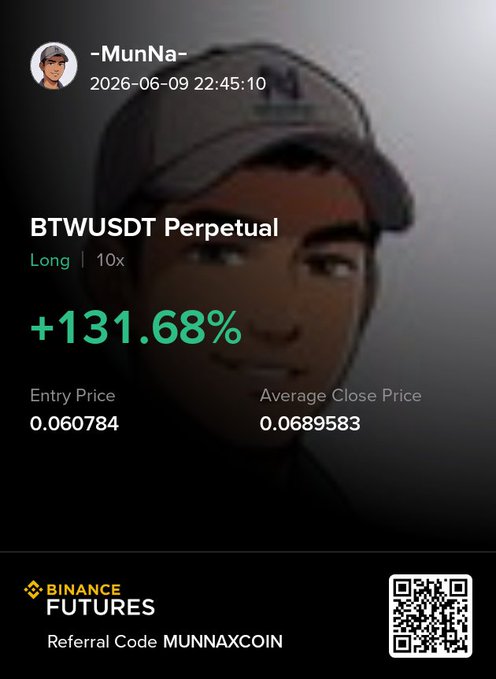 The image shows a man wearing a baseball cap, with his face partially visible behind him. The caption of the image reads "BTW USDT Perpetual Long 10x +13.68% - 0.067584". This information is related to a post on social media where the user's name is Munna and she has referred a coin named 'binance futures'.