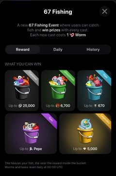 A mobile game interface for a '67 Fishing' event showing rewards including items worth up to 25,000 Pepe tokens and 5,000 in another currency.