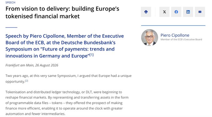 A speech page from ECB's Piero Cipollone titled "From vision to delivery: building Europe's tokenised financial market," delivered at the Bundesbank's Symposium on "Future of payments: trends and innovations in Germany and Europe" on 26 August 2026 in Frankfurt am Main, discussing how tokenisation and distributed ledger technology (DLT) are reshaping financial markets through programmable tokens.