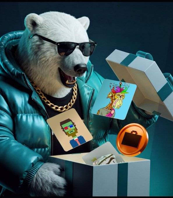 A digital illustration of a bear wearing sunglasses and a teal puffer jacket with a gold chain, holding open a gift box containing NFT-style artwork cards and a briefcase icon.