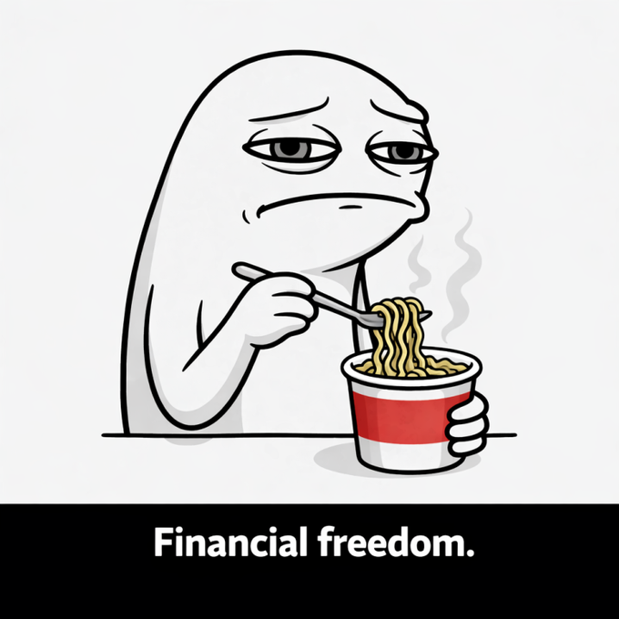 A Wojak-style meme illustration of a sad-looking character eating noodles from a cup, with the caption 'Financial freedom.'