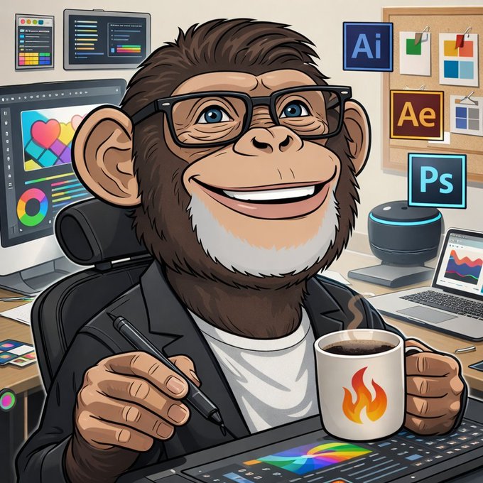 A cartoon illustration of a smiling chimpanzee with glasses and a beard, wearing a black jacket, holding a stylus and a coffee mug with a flame logo, seated in a workspace surrounded by Adobe software icons (Ai, Ae, Ps) and a computer monitor displaying design tools.