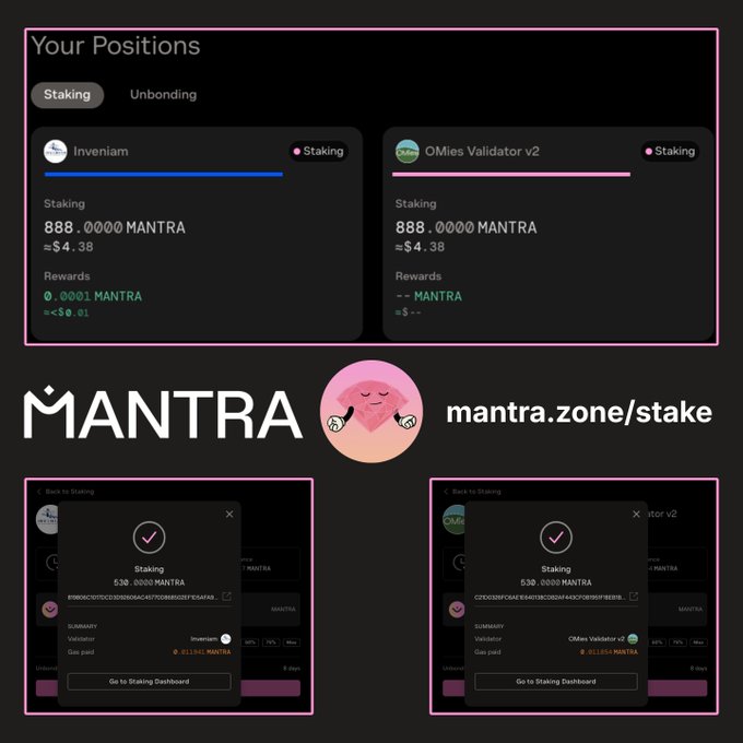 Screenshots of the MANTRA staking dashboard (mantra.zone/stake) showing user positions with active staking on 'Inveniam' and 'OMies Validator v2,' each displaying 888.0000 MANTRA staked alongside successful transaction confirmation modals.