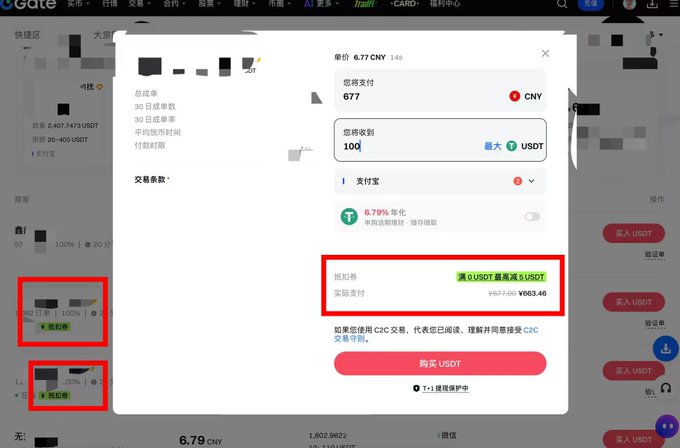 A screenshot of a Gate.io C2C USDT purchase page showing a 2% discount coupon applied (saving up to 5 USDT) on a transaction for ¥677 CNY, matching the post about Gate.io's C2C deposit promotion with a 2% trading voucher discount.