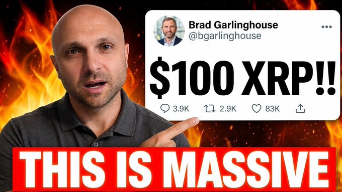 A man stands before a fiery background pointing at a tweet from Brad Garlinghouse (@bgarlinghouse) that reads "$100 XRP!!" with 83K likes, while a bold red banner proclaims "THIS IS MASSIVE," visually reinforcing the post's bullish argument that whale wallets accumulating $XRP during retail panic signals a major upcoming price move.