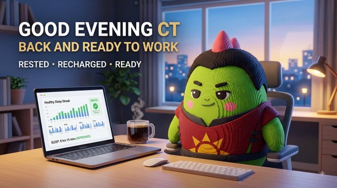 A 3D-rendered green character with a red mohawk sits at a desk with a laptop showing 'Healthy Sleep Streak' data and a coffee mug, accompanied by the text 'GOOD EVENING CT, BACK AND READY TO WORK, RESTED • RECHARGED • READY'.