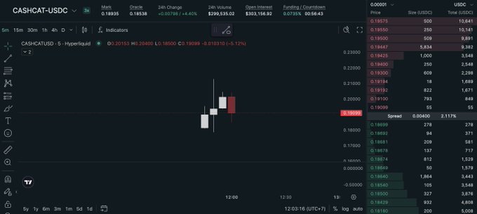 A TradingView candlestick chart for the CASHCAT-USDC pair on Hyperliquid, showing a price of ~$0.18935 with an order book on the right side.