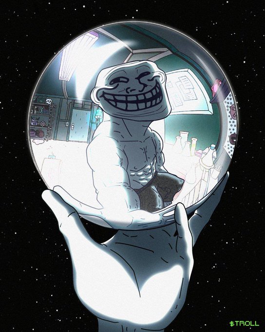 The image features a cartoon character, likely a man or a woman, holding a glass ball with their hand. The character's reflection can be seen inside the glass ball, creating an interesting visual effect. The caption of the image reads "I don't think you all realize howBullish it is for Troll to remain as stable as it has at these levels. It's built different." This statement seems to be a reference to the character's exaggerated features and facial expression, which adds humor and uniqueness to the scene.

The image also includes elements of space, such as stars in the background, giving it an artistic touch. The overall composition is visually appealing with the combination of the cartoon character and the glass ball, creating a sense of depth and perspective within the image.