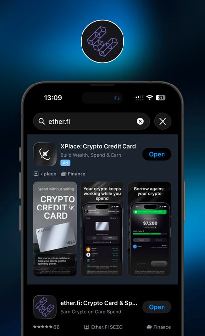 The image shows an App Store search result page for "ether.fi," displaying an advertisement for "XPlace: Crypto Credit Card" at the top. This aligns with the post's observation of crypto card ads appearing on other crypto card search pages.