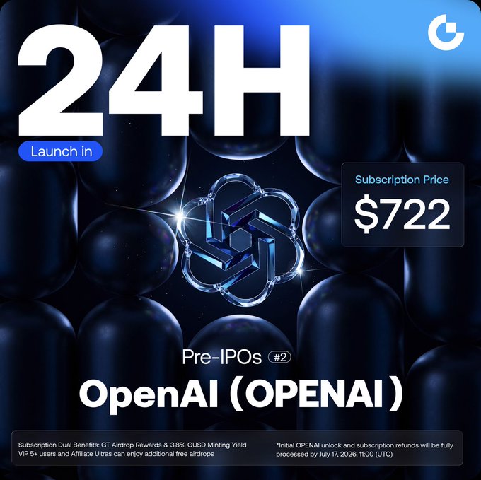 A promotional graphic announces a 24-hour countdown to the OpenAI (OPENAI) Pre-IPO #2 subscription launch, priced at $722 per share, with dual benefits including GT Airdrop rewards and 3.8% GUSD minting yield, set against a sleek dark blue background featuring a crystalline OpenAI logo.