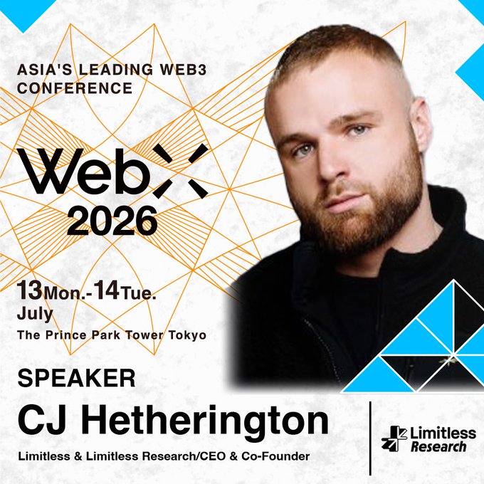 Promotional graphic for WebX2026 (Asia's leading Web3 conference, July 13-14 at The Prince Park Tower Tokyo) featuring speaker CJ Hetherington, CEO & Co-Founder of Limitless & Limitless Research.