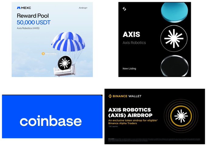 A four-panel promotional graphic for Axis Robotics’ $AXIS token, featuring MEXC’s “Reward Pool 50,000 USDT” airdrop, an AXIS “New Listing” card, the Coinbase logo, and a Binance Wallet Airdrop announcement for eligible Binance Alpha Traders. It highlights the upcoming October 21 TGE and AXIS listings or distribution campaigns on MEXC, Coinbase Spot, and Binance Alpha.