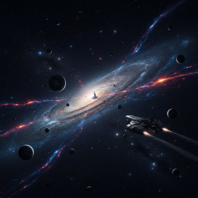 A sleek spacecraft soars through a vibrant spiral galaxy streaked with blue and red energy currents, surrounded by scattered planets and cosmic debris. The futuristic scene visually reinforces the post's theme of exploring Pharos's Layer-1 blockchain, symbolizing fast, forward-thinking journey through a vast digital cosmos.