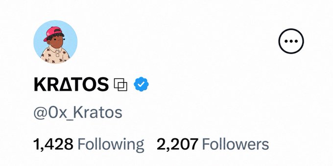 A Twitter profile header for user KRATOS (@0x_Kratos) with a verified badge, showing 1,428 Following and 2,207 Followers.