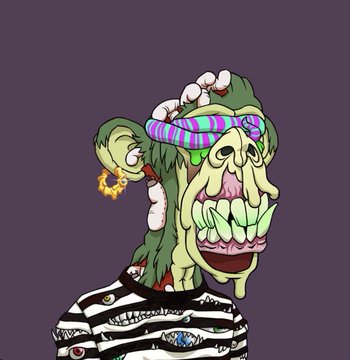 A cartoon-style illustration of a green-skinned zombie-like character with a wide, toothy grin, wearing a striped shirt, a pink and blue headband, and an earring, against a dark purple background.
