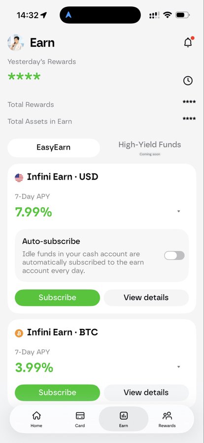 The screenshot shows the "Earn" section of a financial app, highlighting two yield products: "Infini Earn · USD" with a 7.99% APY and "Infini Earn · BTC" with a 3.99% APY, corresponding to the post's announcement of Infini's BTC-pegged Yu'e Bao going live with a ~4% current yield for holding coins.