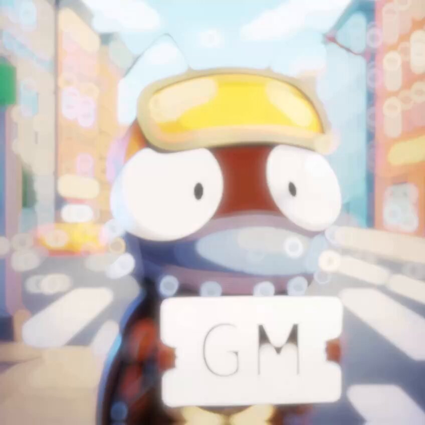 The image features a cartoon character holding up a sign that reads "Gm", which stands for "General Motors". The character appears to be wearing a yellow helmet, giving them a unique appearance. The background of the image shows an urban setting with buildings and cars, suggesting that this scene takes place in a city or town. The post includes a warning about a specific product called Roaches on Abstract, which is likely related to the cartoon character's story.