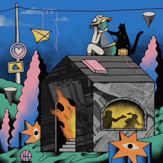A colorful surrealist illustration showing a figure with a mushroom-shaped head sitting atop a house-like structure covered in newspaper print, accompanied by a black cat and surrounded by star-eyed shapes and a kite.