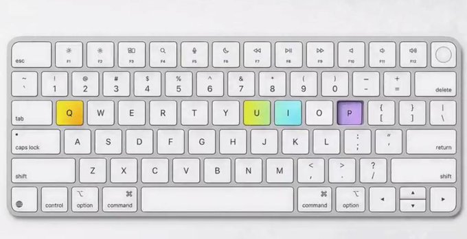 The image shows a white keyboard with colorful keys arranged in rows. The keys include letters, numbers, and symbols such as "q", "w", "e", "r", "t", "y", "u", "i", "o", and "p". The keyboard is placed on a table or desk, suggesting that it might be used for typing or other computer-related tasks.