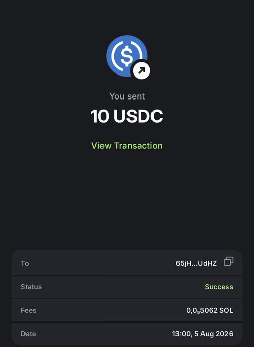 A screenshot of a successful transaction showing 10 USDC sent to a wallet address (65jH...UdHZ) with a 0.05062 SOL fee, dated 13:00 on 5 Aug 2026, illustrating the prize money delivered to the contest winner mentioned in the post.