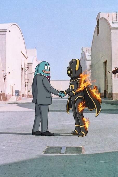 A surreal illustration shows a blue fish-like character in a suit shaking hands with a yellow-armored figure engulfed in flames on a movie studio backlot.