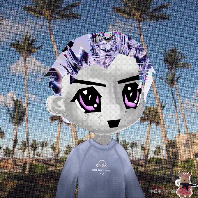 A stylized anime-like character with white and purple hair wearing a light blue 'Cruel International' sweatshirt, set against a tropical palm tree background.