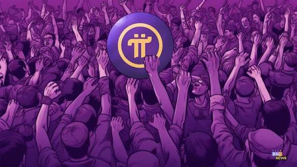 An illustrated purple image of a crowd with raised hands holding up a Pi Network logo, branded with 'the NEWS'.