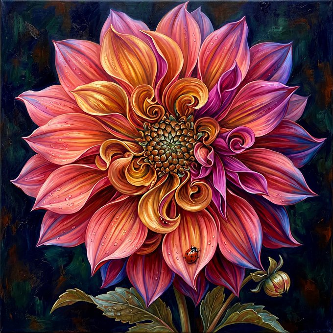 A vibrant painting of a large dahlia-like flower with swirling coral, pink, and golden petals set against a dark background, featuring dewdrops, a small ladybug, and a bud at the base, matching the described "Royal Sunset Blossom" artwork being announced as a new piece available on @objktcom.
