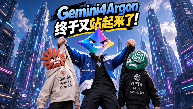 A digital illustration depicts three characters representing AI models, with a central figure labeled 'Gemini4Argon' lifting two others wearing hoodies labeled 'Claude' and 'GPT6', set against a futuristic neon skyline with the text 'Gemini4Argon 终于又站起来了!'