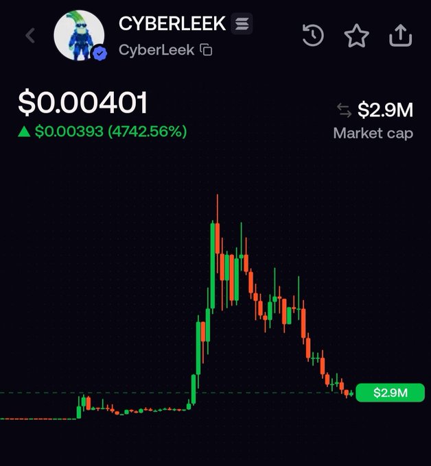 A cryptocurrency price chart for 'CYBERLEEK' showing a current price of $0.00401, up 4742.56% ($0.00393), with a market cap of $2.9M and a candlestick chart depicting a pump and dump pattern.
