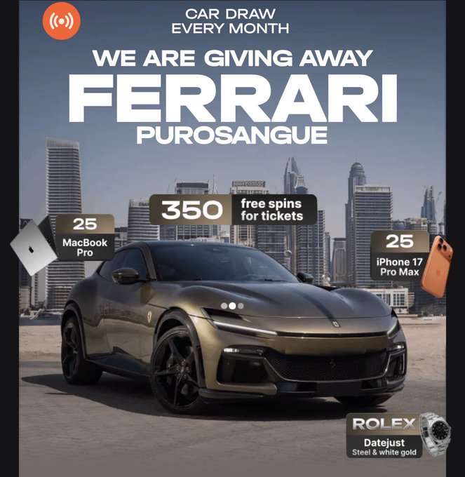 The image is a promotional advertisement from 1win announcing a monthly car giveaway featuring a Ferrari Purosangue, along with prizes including 25 MacBook Pros, 25 iPhone 17 Pro Max units, a Rolex Datejust (Steel & white gold), and 350 free spins for tickets, set against a city skyline backdrop.