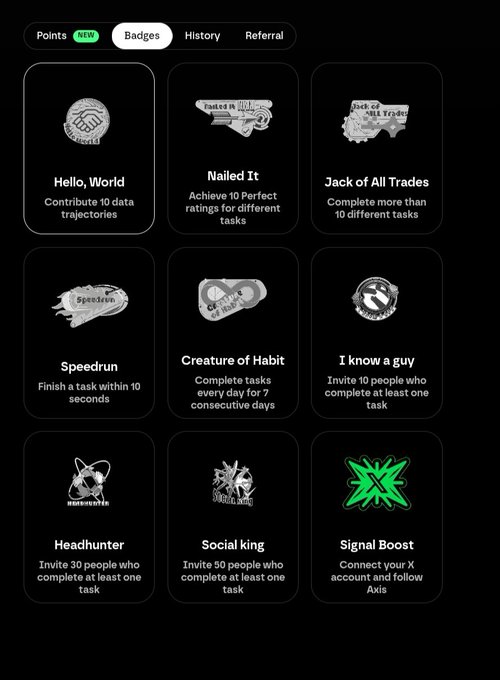 A dark-themed app screen showing a 'Badges' tab with nine achievement cards including 'Hello, World' (Contribute 10 data trajectories), 'Nailed It', 'Jack of All Trades', 'Speedrun', 'Creature of Habit', 'I know a guy', 'Headhunter', 'Social king', and 'Signal Boost' (Connect your X account and follow Axis).