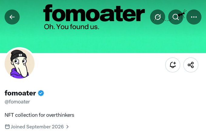 A profile page for the 'fomoater' Twitter account (@fomoater) with the bio 'NFT collection for overthinkers' and a green header.