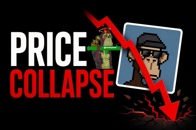 A graphic with bold red and white text reading 'PRICE COLLAPSE' alongside a downward red arrow, featuring pixel-art characters including one labeled @renksith.