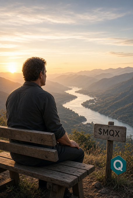 A man sits on a wooden bench overlooking a scenic mountain valley with a winding river at sunset, next to a sign reading "$MQX" and a "Q" logo watermark.