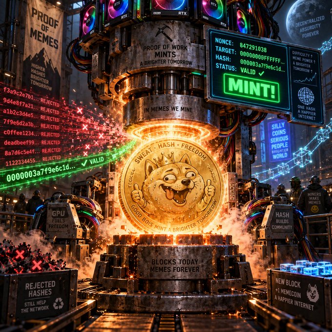 An AI-generated crypto meme image showing a 'Proof of Memes Mints' mining machine with a Doge coin, featuring 'MINT!' button, GPU rigs, and text about decentralized absurdity.