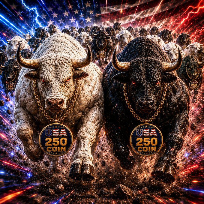Two massive gold-chained bulls—one white, one black—charge forward against an American flag backdrop amid lightning and fire, wearing medallions reading "USA 250 COIN." The image visually reinforces the post's message about collective strength, with the stampeding herd behind the bulls symbolizing community unity powering the movement for $ANSEM, $DAVID, and $USA250.