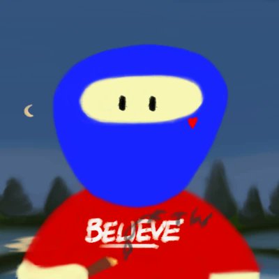An animated character wearing a blue ninja-style hood and a red shirt with the word "BELIEVE" printed on it, set against a dark blue background with a crescent moon.