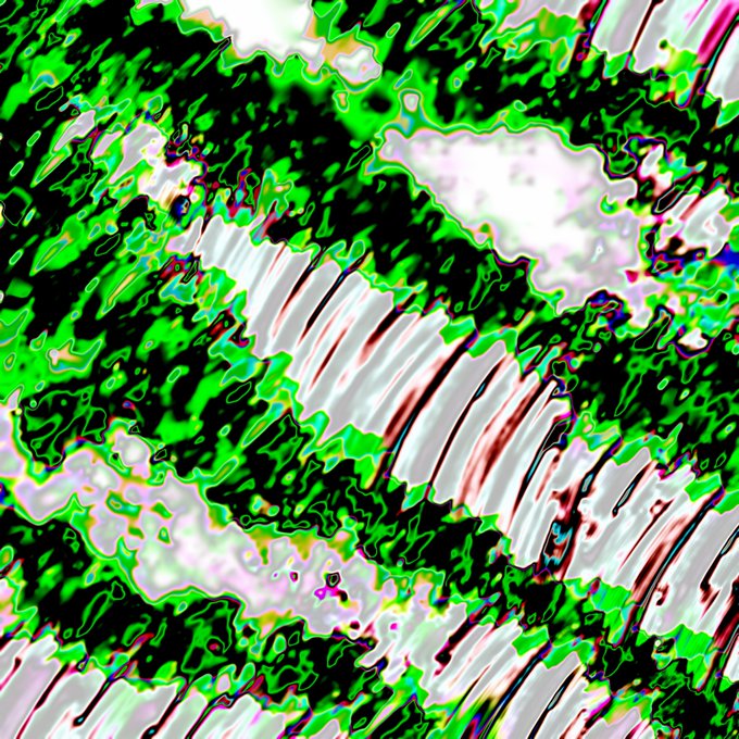 A highly distorted, abstract digital artwork featuring chaotic swirls of bright green, black, white, and pink colors with wavy, glitchy textures.
