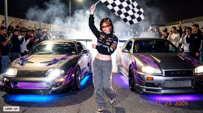 A young woman stands between two custom-painted Toyota Supras (one purple, one silver) waving a checkered flag, with a date stamp reading "11 23 2005" and "LOOK 137" in the corner.
