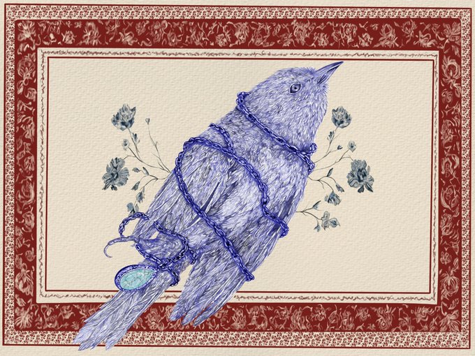 An illustration depicts a blue-toned bird wrapped in a chain, with a blue ring hanging from the chain, set against a decorative red patterned border.