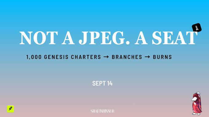 The image is a promotional graphic with a blue-to-pink gradient background featuring the bold white text "NOT A JPEG. A SEAT" and "1,000 GENESIS CHARTERS → BRANCHES → BURNS" alongside the date "SEPT 14" and the "STANDARD" logo at the bottom. A small character wearing a hooded jacket stands in the lower right corner next to a minimalist logo in the upper right. The visual reinforces the post's central point that STANDARD's NFT charters are functional memberships ("banking licenses") rather than profile pictures, emphasizing the utility-driven structure where 1,000 founding charters gain access to branch creation and token burns.