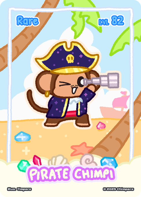 A digital trading card illustration of a monkey pirate labeled 'PIRATE CHIMPI' with 'Rare' and 'LVL 82', illustrated by Yimpers and copyrighted 2025 Chimpers.