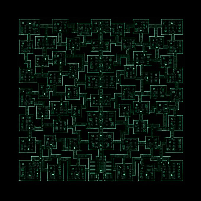 A complex green wireframe-style floor plan or dungeon map on a black background, featuring numbered rooms (01-60) connected by corridors in a maze-like layout.