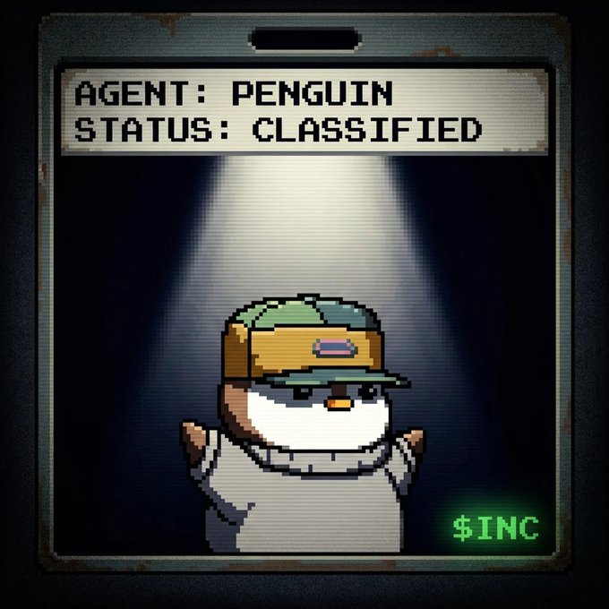 A pixel-art image styled like a classified ID badge displays 'AGENT: PENGUIN' and 'STATUS: CLASSIFIED', featuring a cartoon penguin wearing a cap under a spotlight, with '$INC' in the bottom corner.