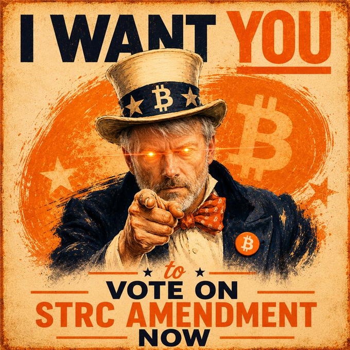 The image features a man dressed as Uncle Sam, pointing his finger at the viewer with a serious expression. Below him, there's text that reads "I want you". The background of the image is orange, which contrasts with the white hat on the man's head and the black suit he's wearing. The text in the image says "Vote to make $STRC better." This suggests that the poster is promoting an idea or cause related to the United States Treasurers' Committee (STRC).